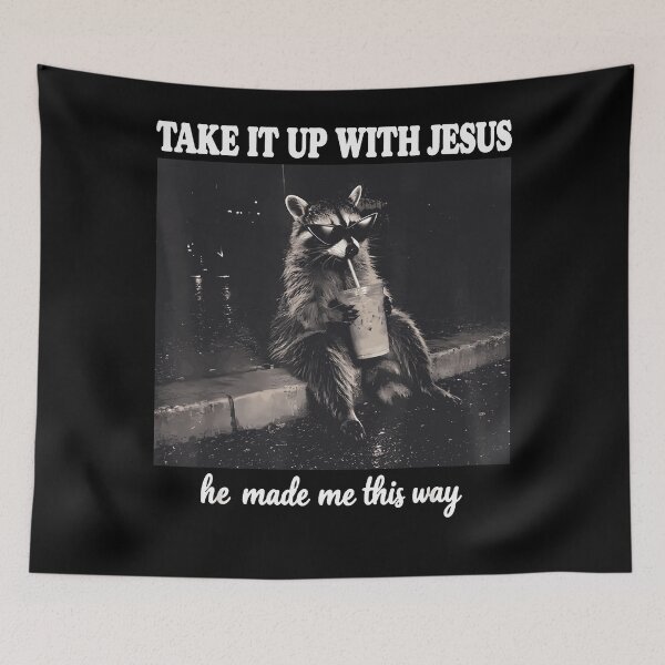 Item preview, Take It Up With Jesus He Made Me This Way Cool Raccoon Sunglasses Iced Coffee Fan Apparel designed and sold by Sendowart.