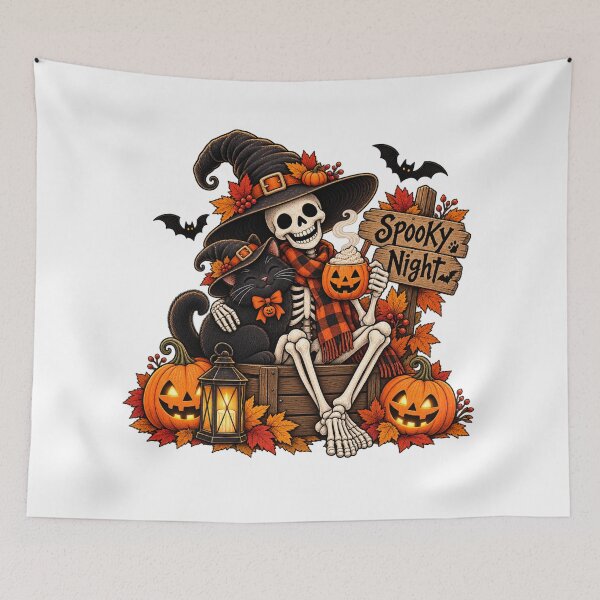 Item preview, Cozy Spooky Night Skeleton and Black Cat designed and sold by Livanty.