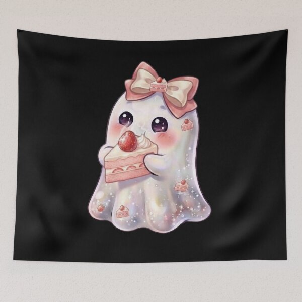 Item preview, Cute Kawaii Ghost Eating a Strawberry Shortcake Slice Design / Halloween / Birthday / Foodie / T-shirts mugs stickers phone case hardcover journal poster designed and sold by TeenLake.