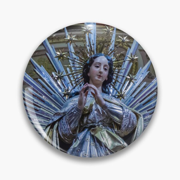 Item preview, Silver and Gold Virgin Mary Statue With Radiant Starburst Halo Inside Ornate Church Interior Icon designed and sold by Nmallia.