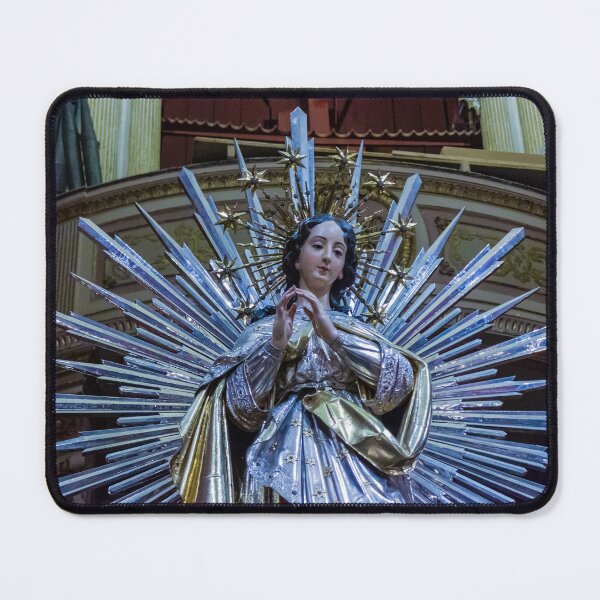 Item preview, Silver and Gold Virgin Mary Statue With Radiant Starburst Halo Inside Ornate Church Interior Icon designed and sold by Nmallia.