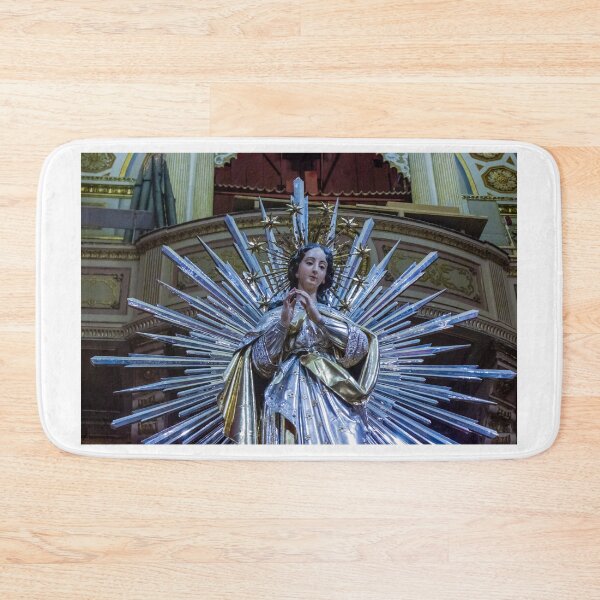 Item preview, Silver and Gold Virgin Mary Statue With Radiant Starburst Halo Inside Ornate Church Interior Icon designed and sold by Nmallia.