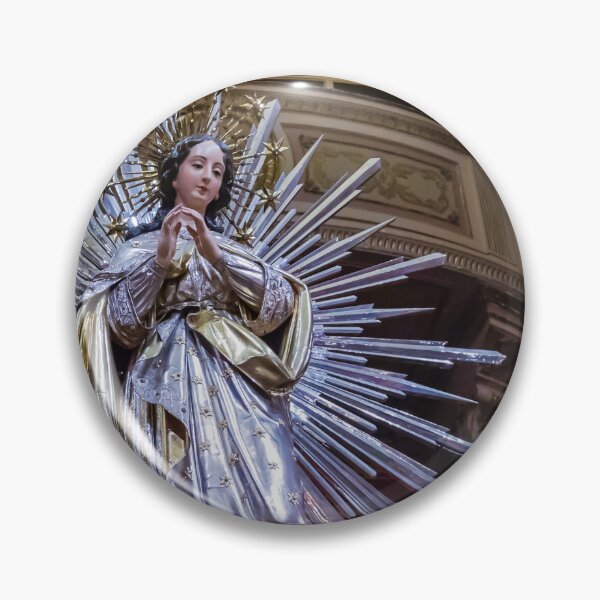 Item preview, Silver and Gold Virgin Mary Statue With Radiant Starburst Halo Inside Ornate Church Interior Icon designed and sold by Nmallia.