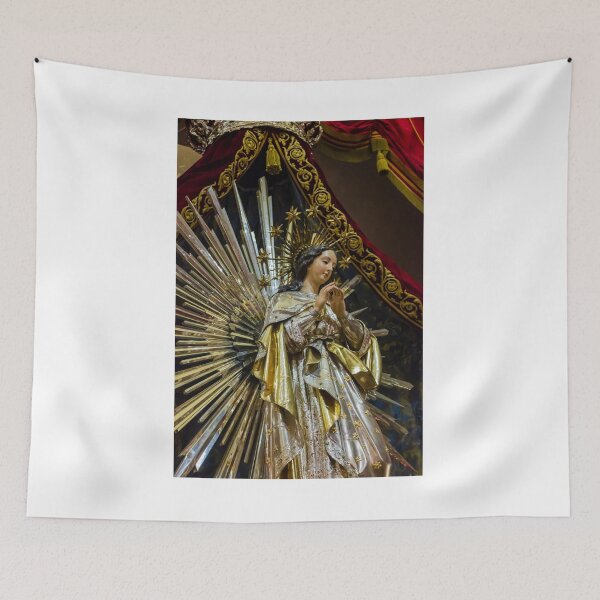 Item preview, Religious Statue of Virgin Mary with Radiant Halo and Ornate Robes on Velvet Backdrop designed and sold by Nmallia.