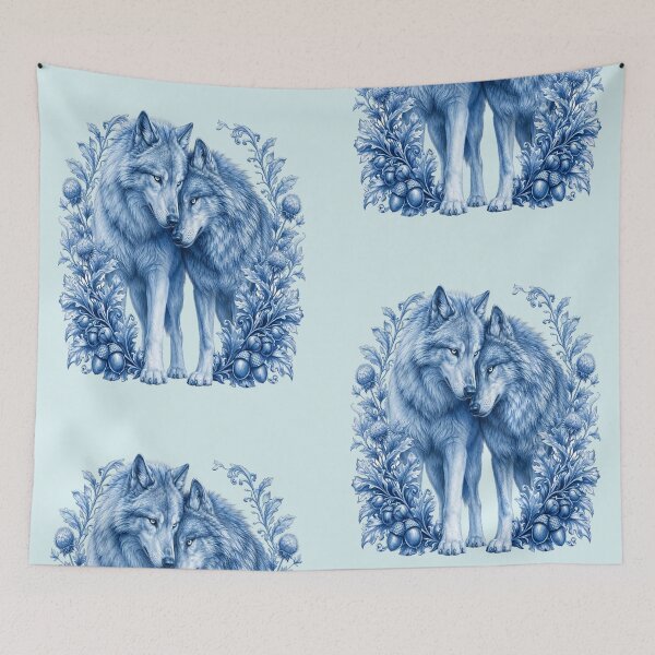 Item preview, Blue Porcelain Botanical Wolf Couple Art designed and sold by the artedivino.