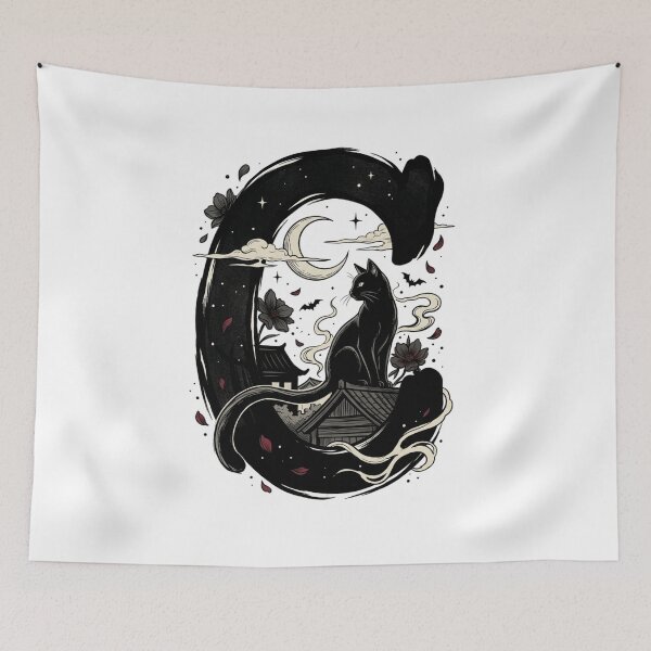 Item preview, Japanese Black Cat Rooftop Crescent Moon Ukiyo-e Art designed and sold by mood-draftsman.