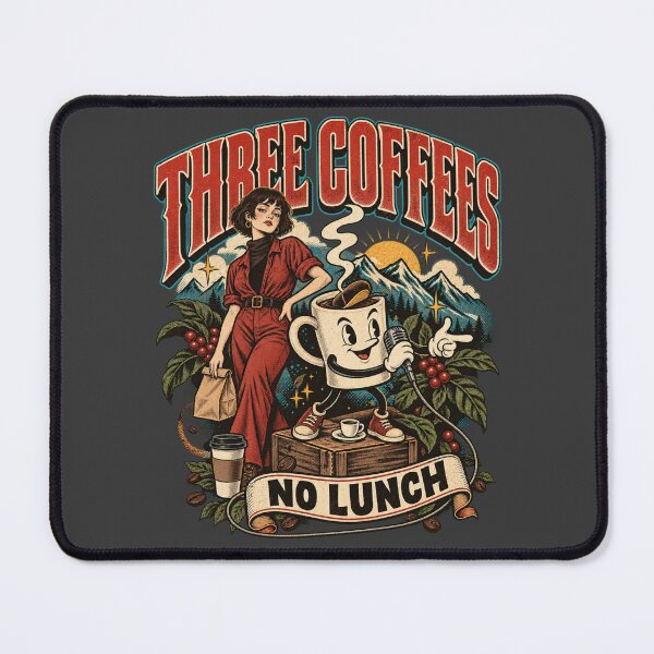 Item preview, Three Coffees No Lunch Funny Vintage Coffee Mascot Art designed and sold by AmiGraph.