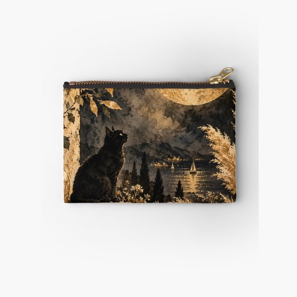Item preview, Black Cat Moonlit Gold Leaf Watercolour Night Painting designed and sold by Jozefin's Studio.