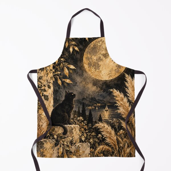 Item preview, Black Cat Moonlit Gold Leaf Watercolour Night Painting designed and sold by Jozefin's Studio.