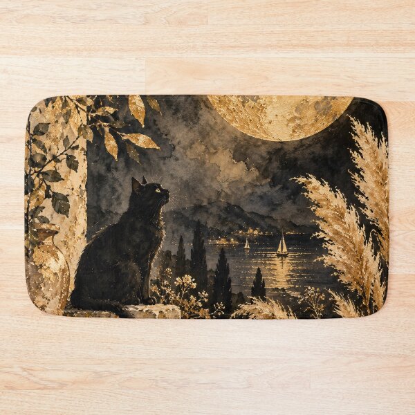Item preview, Black Cat Moonlit Gold Leaf Watercolour Night Painting designed and sold by Jozefin's Studio.