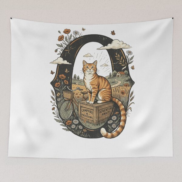 Item preview, Cottagecore Orange Cat Vintage Bicycle Countryside Adventure Art designed and sold by mood-draftsman.