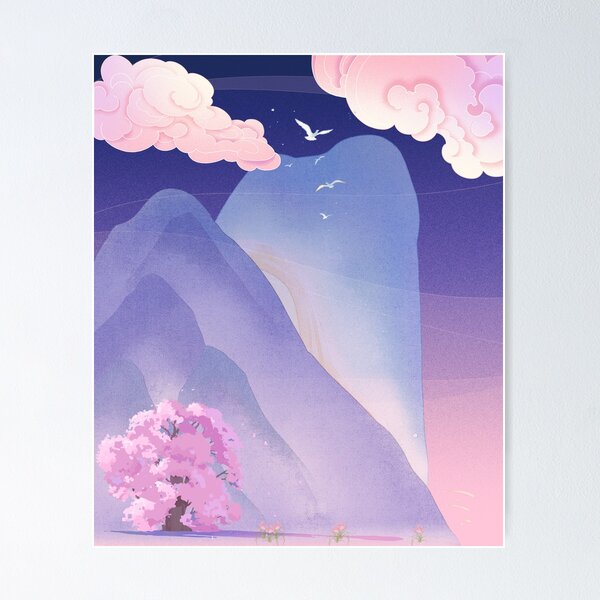 Item preview, Vintage Oriental Blue Mountains Landscape - Dreamy Scenery Poster designed and sold by Rehnair.