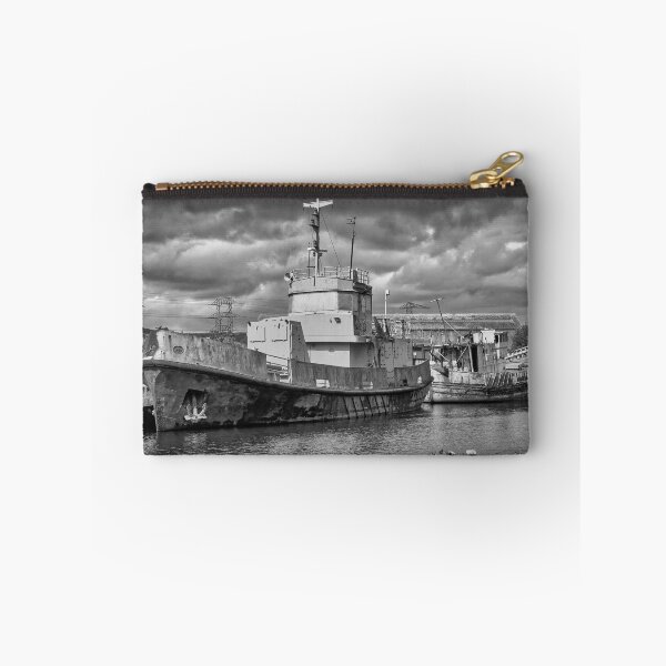 Item preview, Abandoned Tugboat Industrial Maritime Black and White Photography designed and sold by leonwoods.