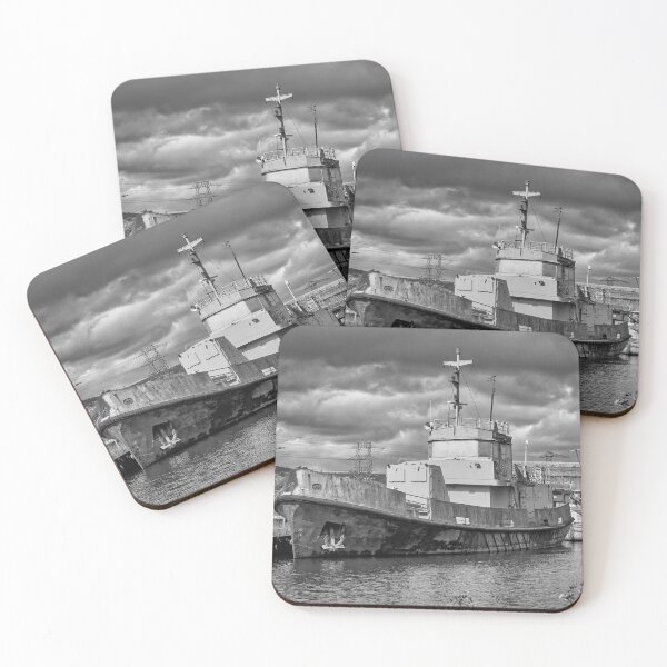 Item preview, Abandoned Tugboat Industrial Maritime Black and White Photography designed and sold by leonwoods.