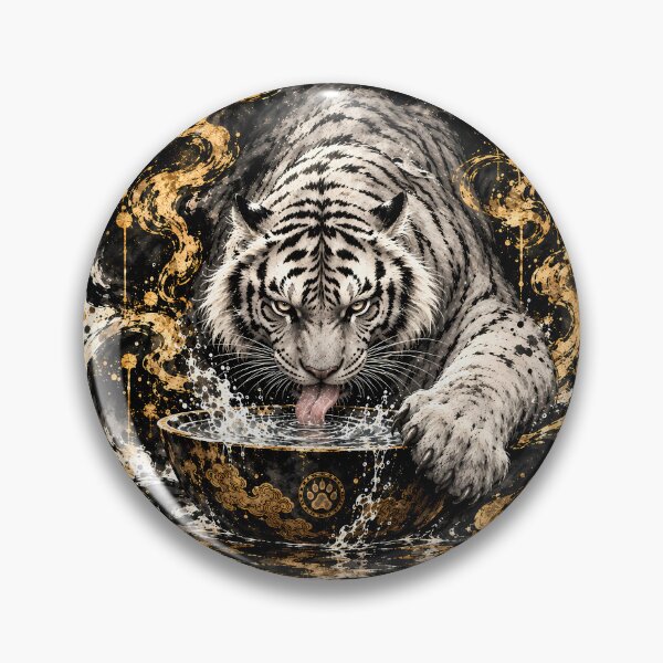 Item preview, White Tiger Drinking Water – Black and Gold Ink Wildlife Art designed and sold by ManJiangHong.