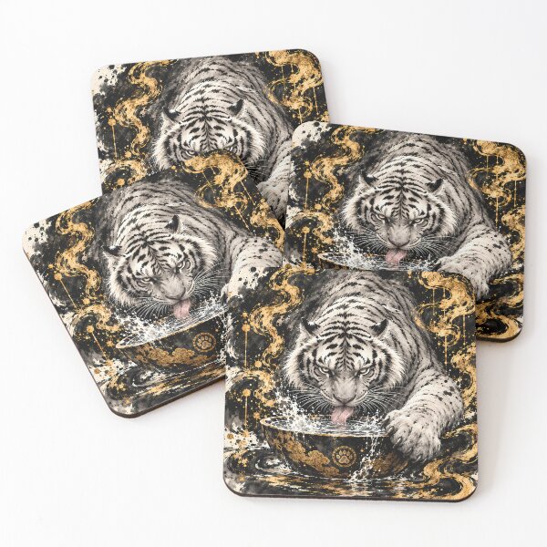 Item preview, White Tiger Drinking Water – Black and Gold Ink Wildlife Art designed and sold by ManJiangHong.