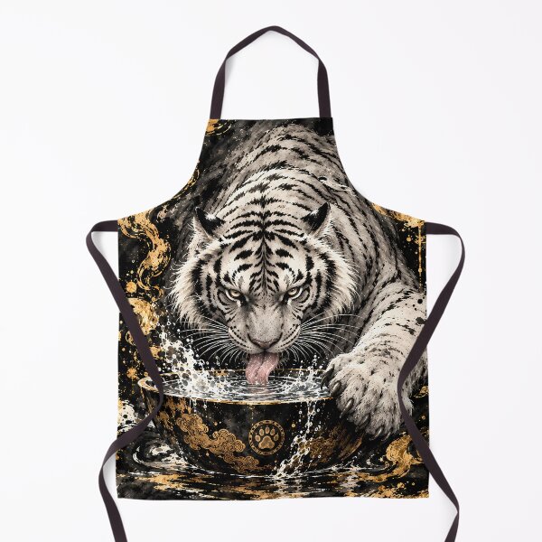 Item preview, White Tiger Drinking Water – Black and Gold Ink Wildlife Art designed and sold by ManJiangHong.