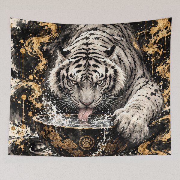 Item preview, White Tiger Drinking Water – Black and Gold Ink Wildlife Art designed and sold by ManJiangHong.