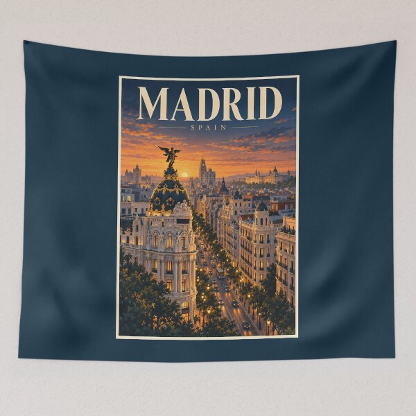 Item preview, Madrid Spain Sunset Illustration Travel Art Vintage designed and sold by KrisSidDesigns.