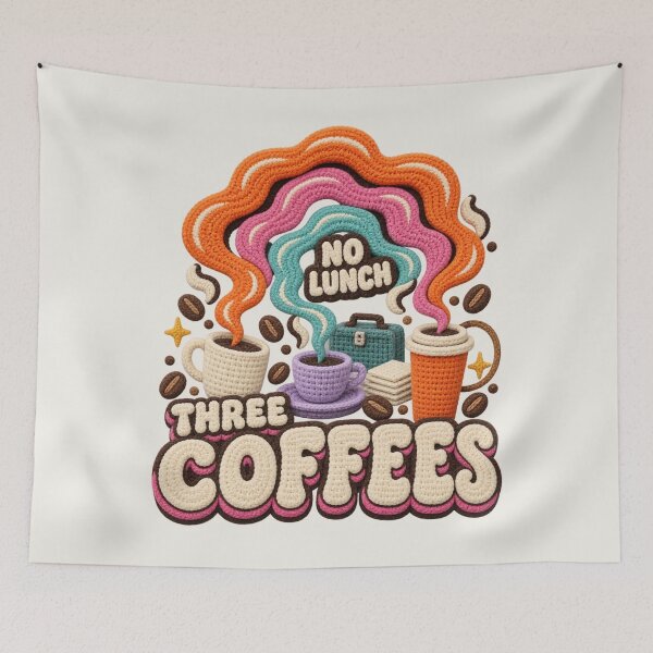 Item preview, Three Coffees No Lunch, Groovy Style Crochet Coffee Typography designed and sold by AmiGraph.