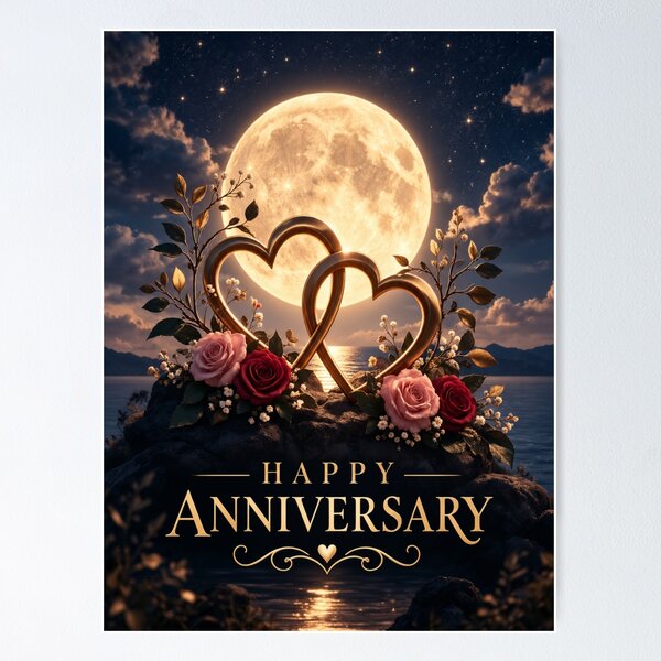 Item preview, Moonlit Ocean Anniversary Gold Hearts designed and sold by PrintBreeze.