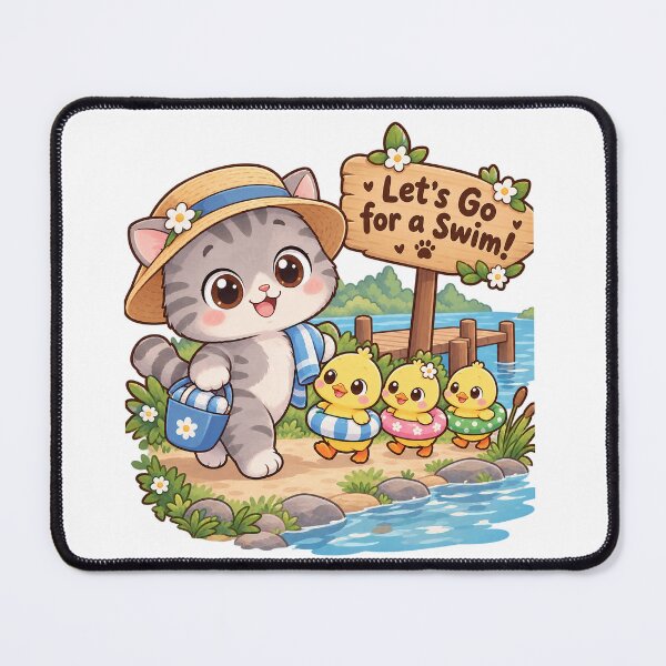 Item preview, Let’s Go for a Swim! Cute Kawaii Cat & Ducklings Summer Design designed and sold by MurkCraft.