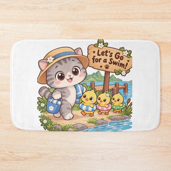 Item preview, Let’s Go for a Swim! Cute Kawaii Cat & Ducklings Summer Design designed and sold by MurkCraft.