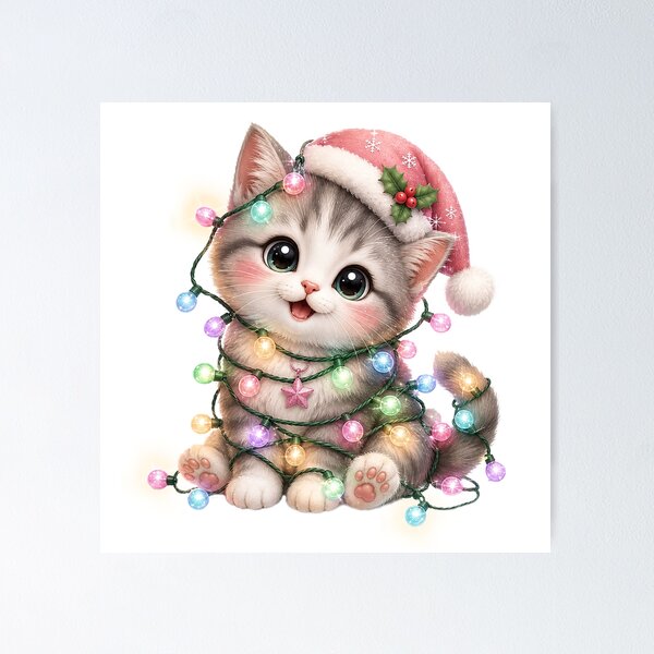 Item preview, Cute Kitten Wrapped in Fairy Lights | Kawaii Holiday Cat designed and sold by Verycutethings.