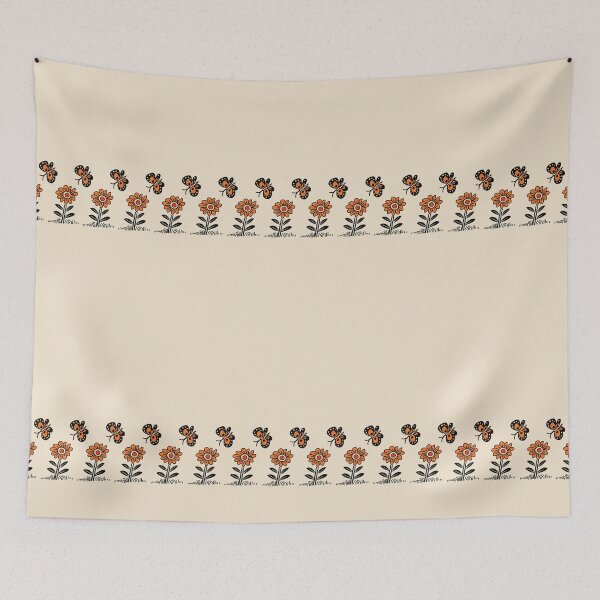 Item preview, Retro Block Print Orange Flowers and Butterflies 1970s Groovy designed and sold by VintageStyle.