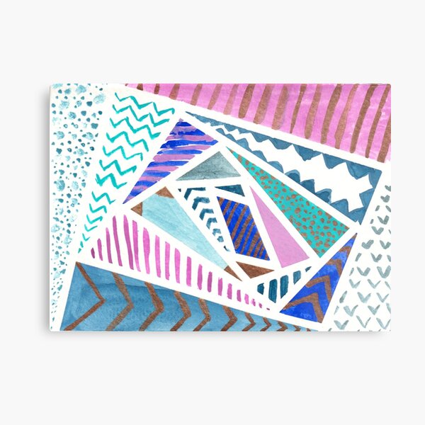 Pink Blue and Gold Watercolor Tape Resist Painting Metal Print