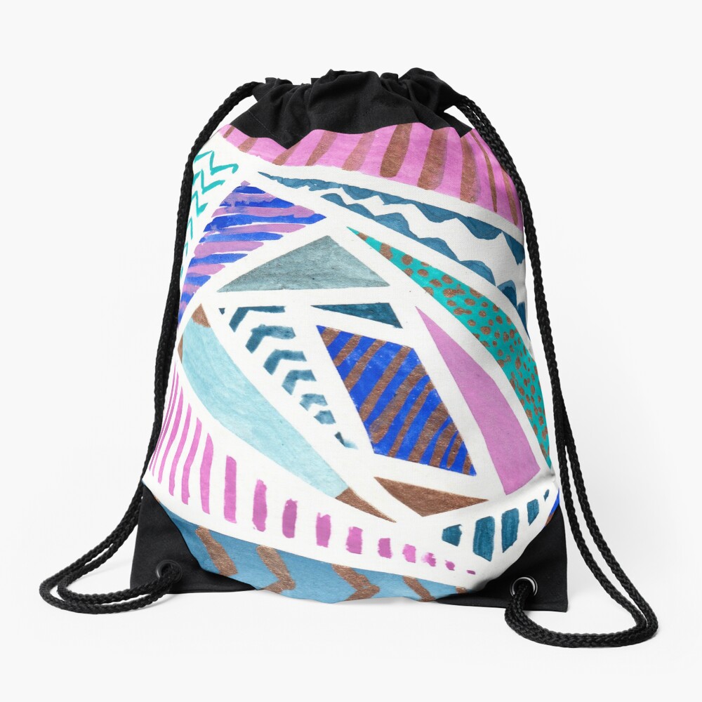 Pink Blue and Gold Watercolor Tape Resist Painting Drawstring Bag