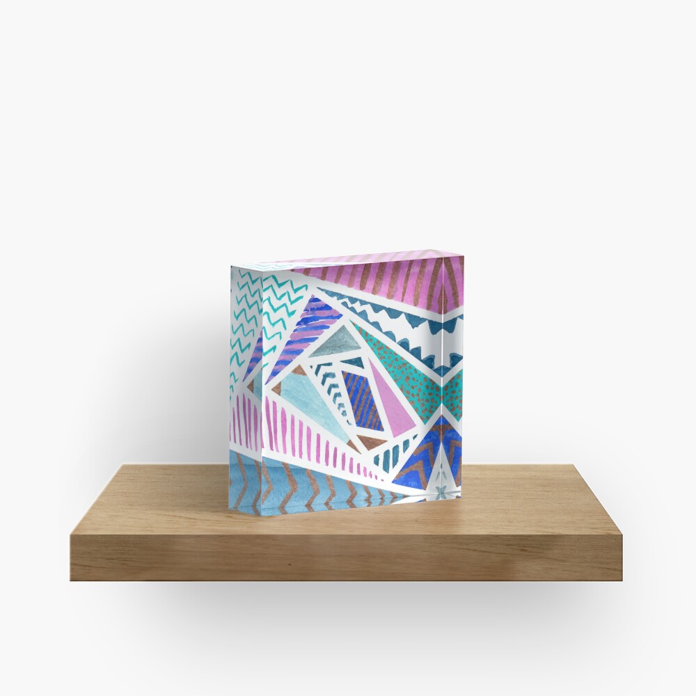Pink Blue and Gold Watercolor Tape Resist Painting Acrylic Block