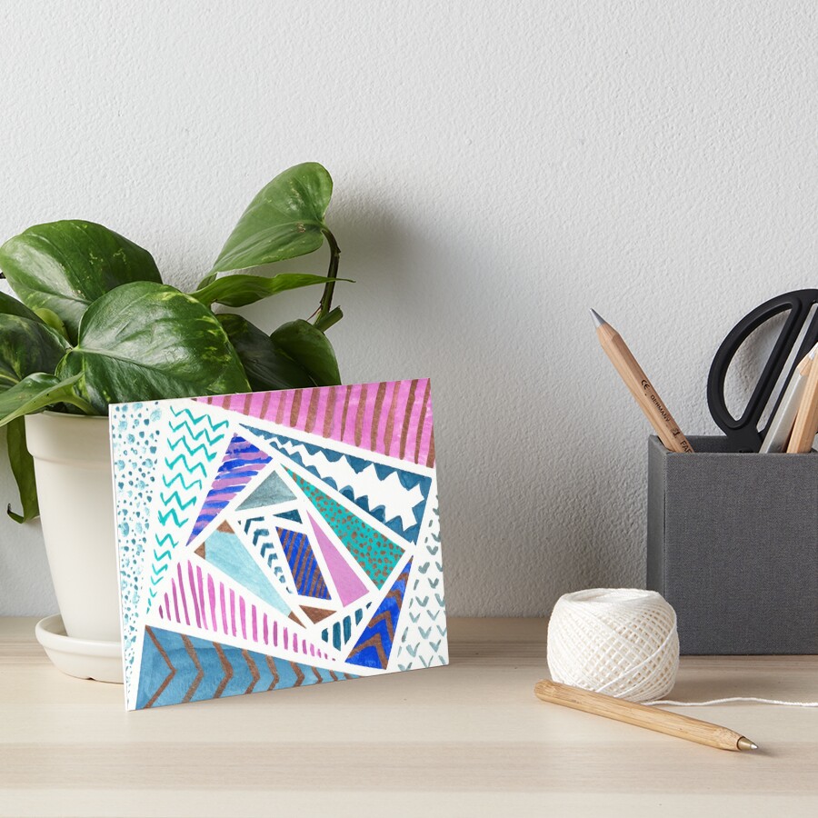 Pink Blue and Gold Watercolor Tape Resist Painting Art Board Print