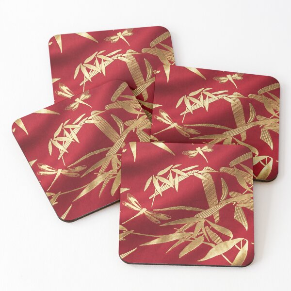 Item preview, Gold Bamboo and Dragonflies on Red Silk designed and sold by Bodique.