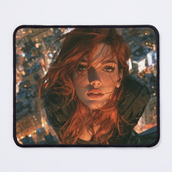 Item preview, Neon Rooftop Runner - Cyberpunk Redhead Portrait designed and sold by AxeWave.