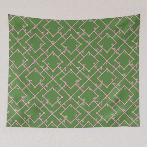 Item preview, Bamboo Chinoiserie Lattice in Grass Green + Light Pink designed and sold by YesterdayColl.
