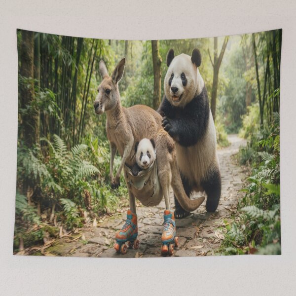Item preview, Funny Panda Pushing Roller Skating Kangaroo with Baby Panda Art designed and sold by AfresStudio.