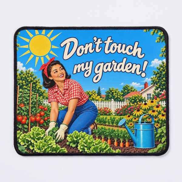 Item preview, Don’t Touch My Garden\! Retro Asian Woman Gardener designed and sold by American Fieldmark Studio.