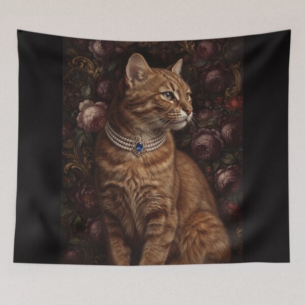 Item preview, Regal Ginger Cat with Sapphire Pearl Necklace designed and sold by Real Beast Art.