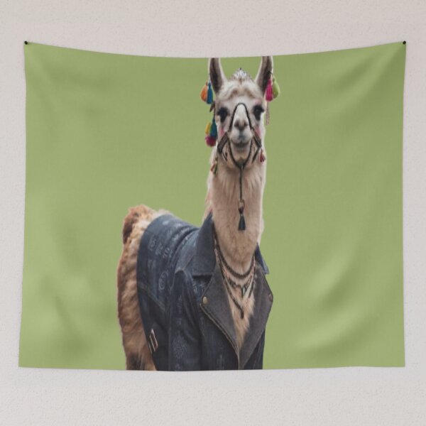 Item preview, Stylish Llama Wearing Denim Jacket and Colorful Tassels designed and sold by AfresStudio.