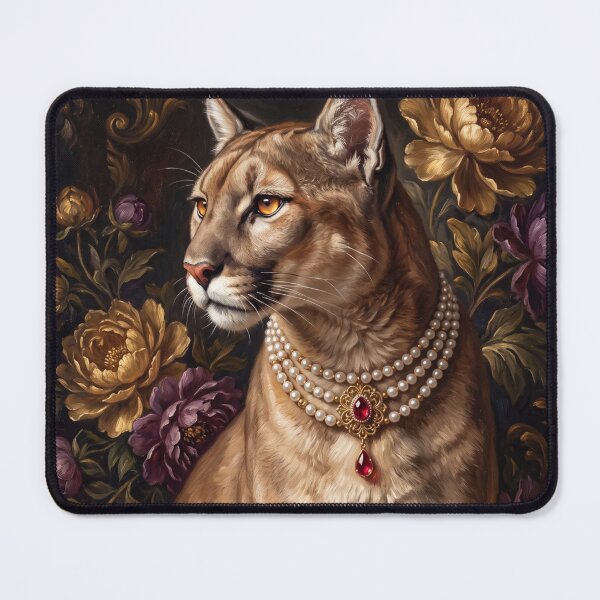 Item preview, Regal Cougar Portrait with Ruby Pearl Necklace designed and sold by Real Beast Art.