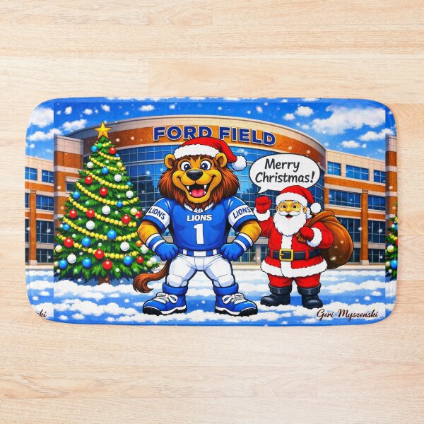 Item preview, Detroit Lions Christmas Magic at Ford Field – Santa & Roary Holiday Cartoon designed and sold by The Art Queen Of Michigan .