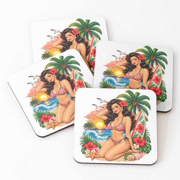 Artikelvorschau, Retro-Pin-up-Girl am tropischen Strand – Vintage-Sommer-Surf-Style entworfen und verkauft von Ghostwave Atelier.