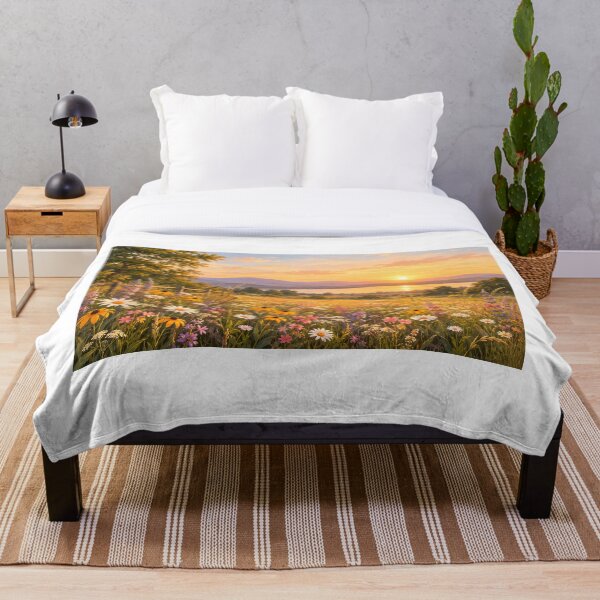 Aperçu de l'œuvre Tableau mural paysage de prairie de fleurs sauvages à l'heure dorée créée et vendue par LearnFunStore.