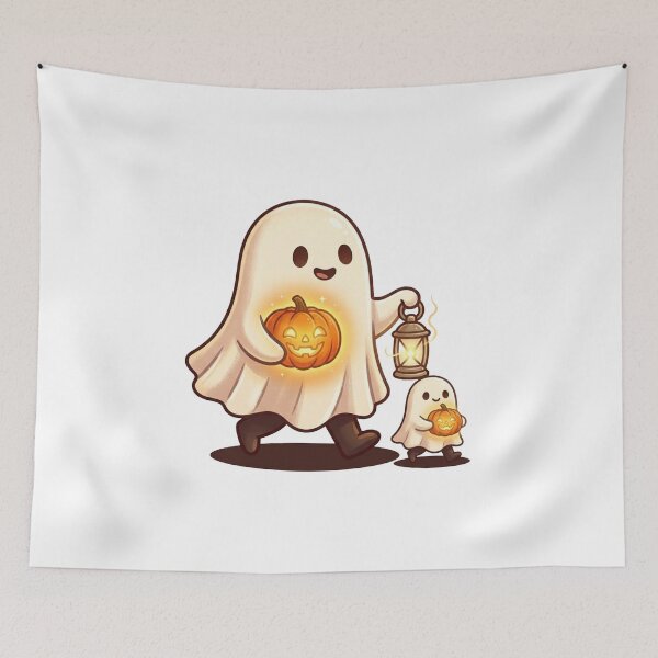 Item preview, Kawaii Ghost with Pumpkin Lantern Autumn Spirit designed and sold by ThePrintArt.