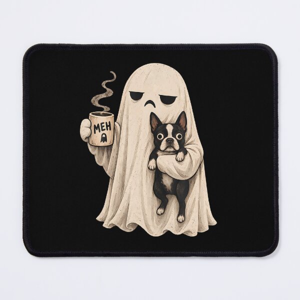 Item preview, Grumpy Ghost Boston Terrier Holding Coffee Spooky Design designed and sold by snailslowdance.