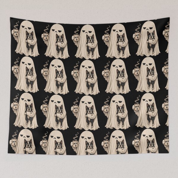 Item preview, Grumpy Ghost Boston Terrier Holding Coffee Spooky Design designed and sold by snailslowdance.