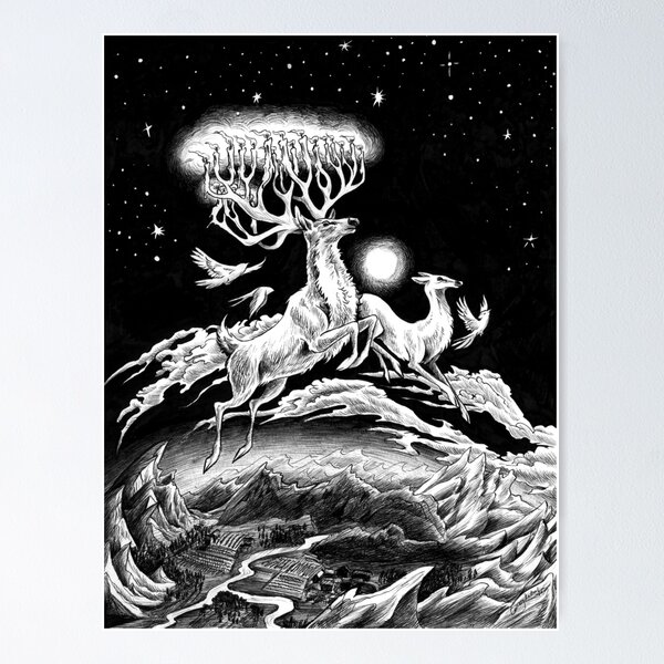 Item preview, Reindeer Midnight Flight - Original Pen Drawing designed and sold by Carissa LaPreal.