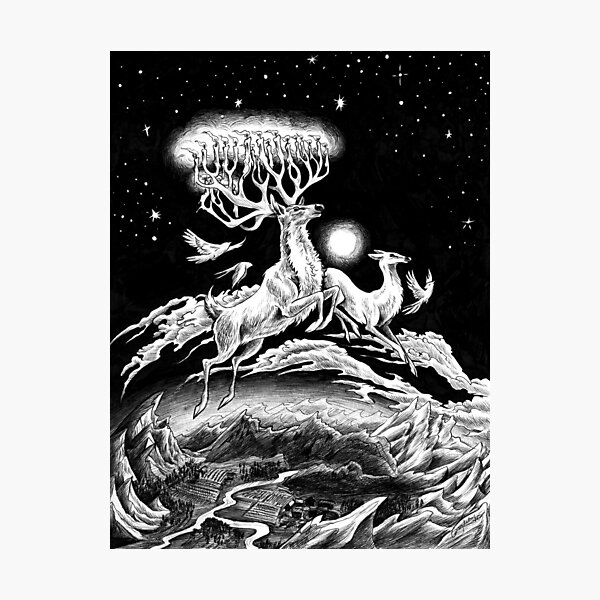Item preview, Reindeer Midnight Flight - Original Pen Drawing designed and sold by Carissa LaPreal.