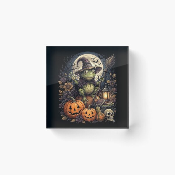 Item preview, Whimsical Witch Frog with Pumpkins Under a Full Moon designed and sold by MiALopezArt.